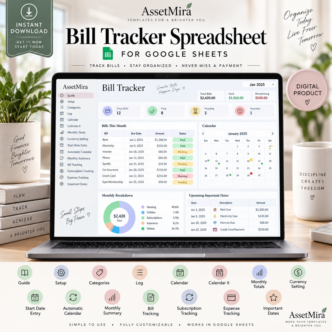 Bill Tracker Spreadsheet for Google Sheets with seven tabs and monthly bill tracking