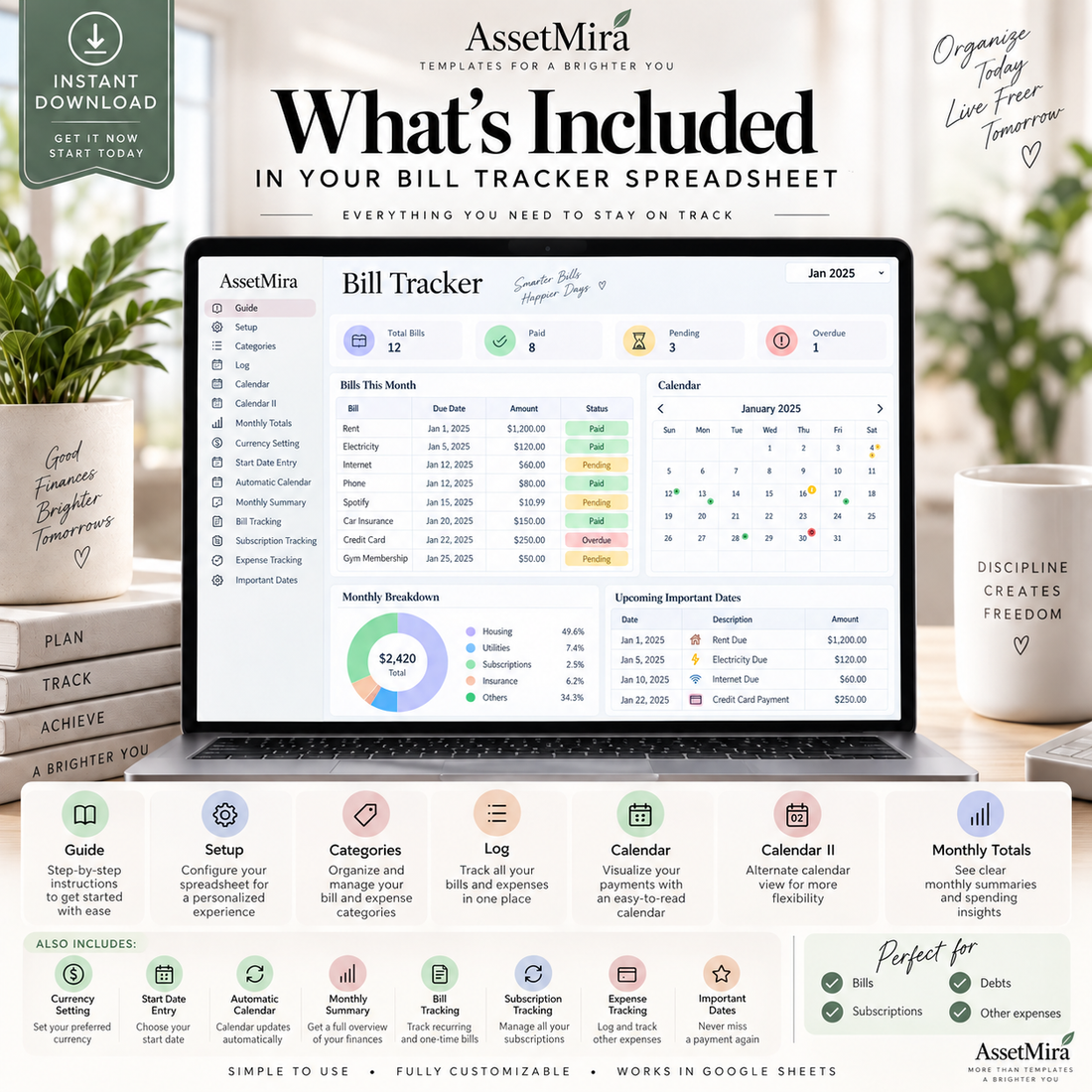 Bill Tracker Google Sheets template with guide, setup, categories, log, calendars and monthly totals