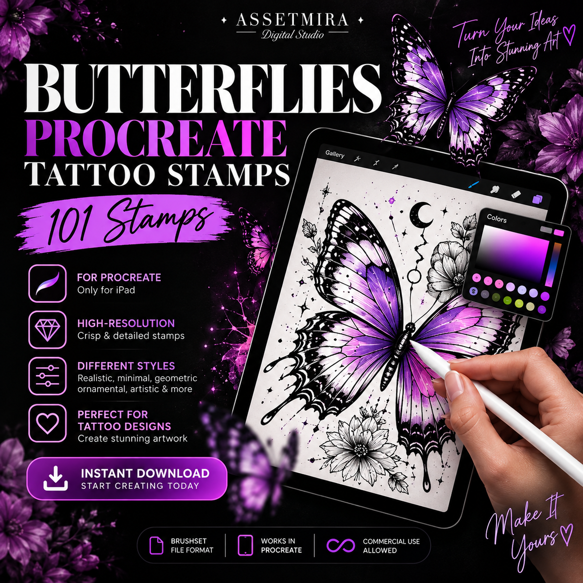 101 Butterfly Procreate Tattoo Stamps - high resolution Procreate brushset