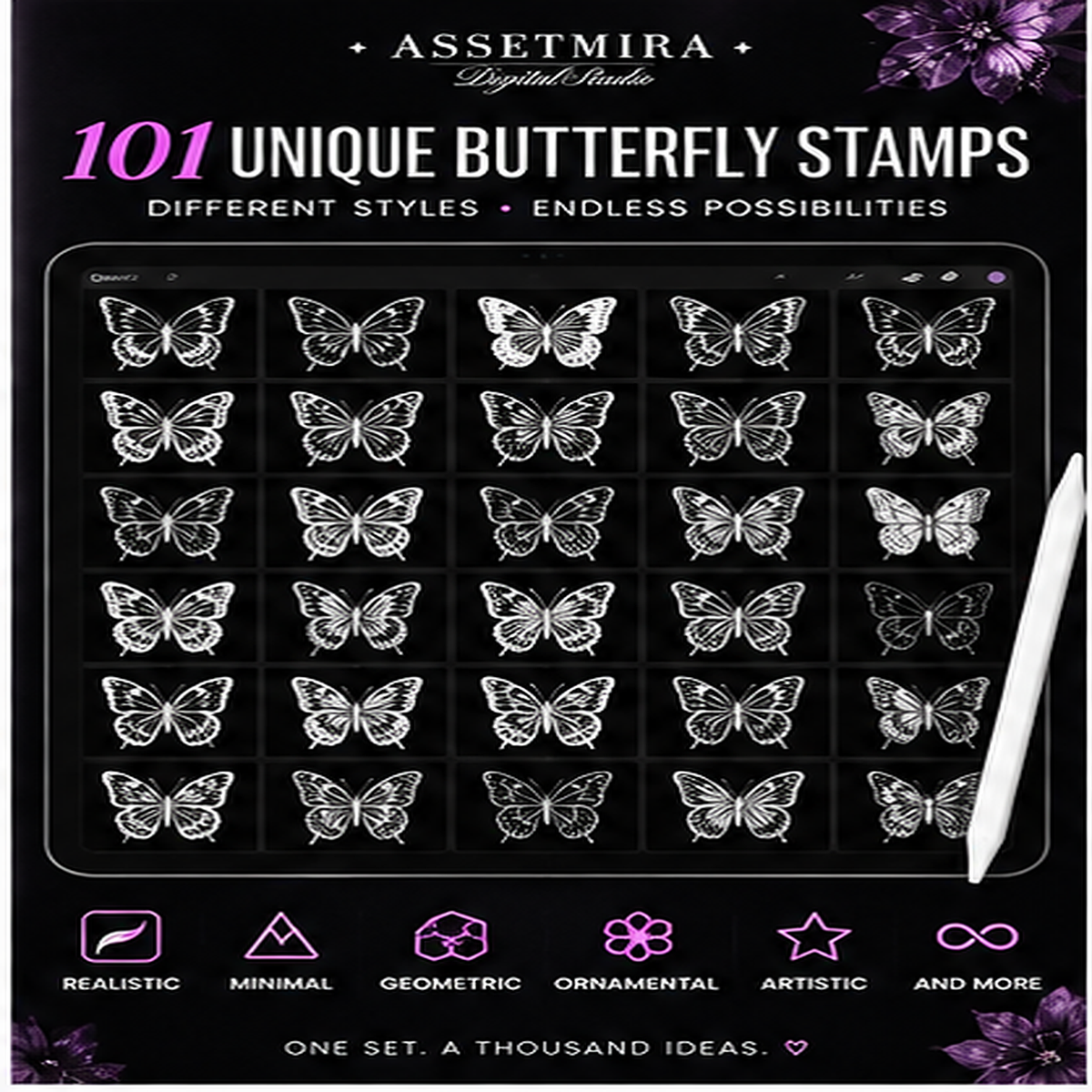 101 unique butterfly and moth Procreate stamp styles