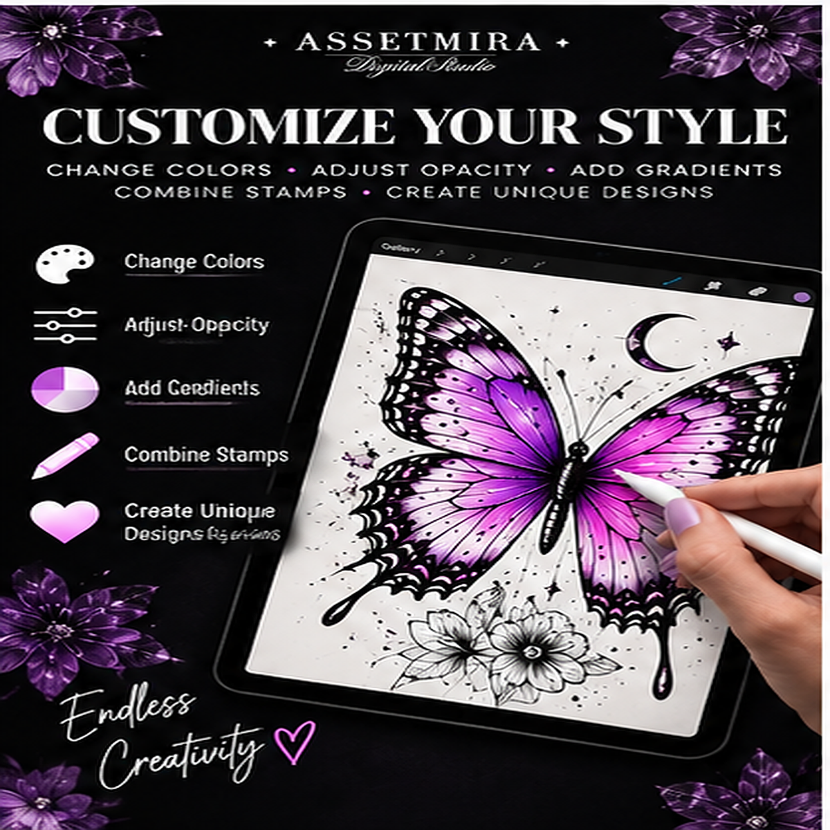 Customize butterfly Procreate stamps with colors opacity and gradients