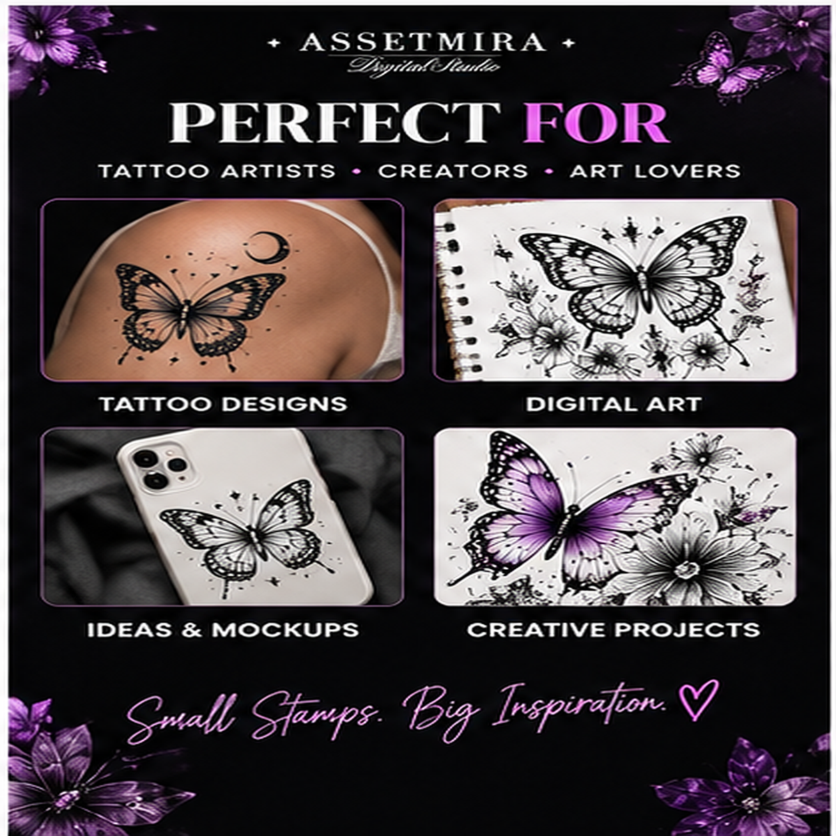 Butterfly stamps for tattoo designs digital art mockups and creative projects
