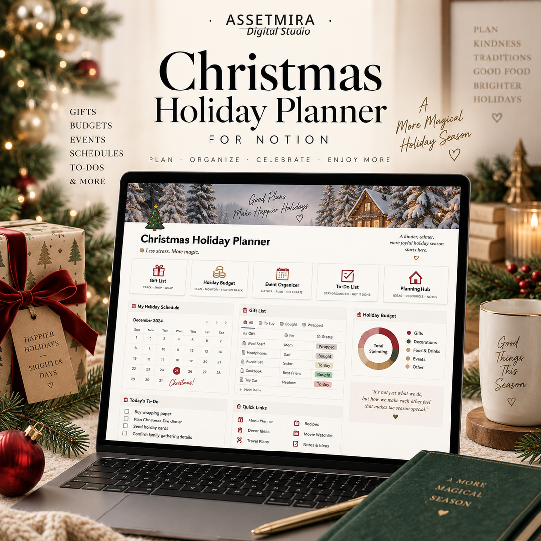 Christmas and Holiday Planner for Notion with gift tracker, budget, events and seasonal planning dashboard