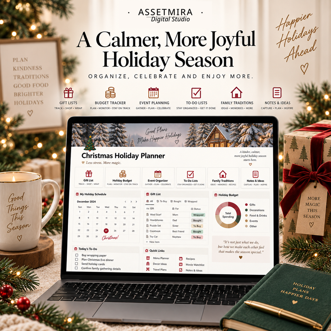 Cozy Christmas Notion planner workspace for holiday gifts, budget, events and schedules