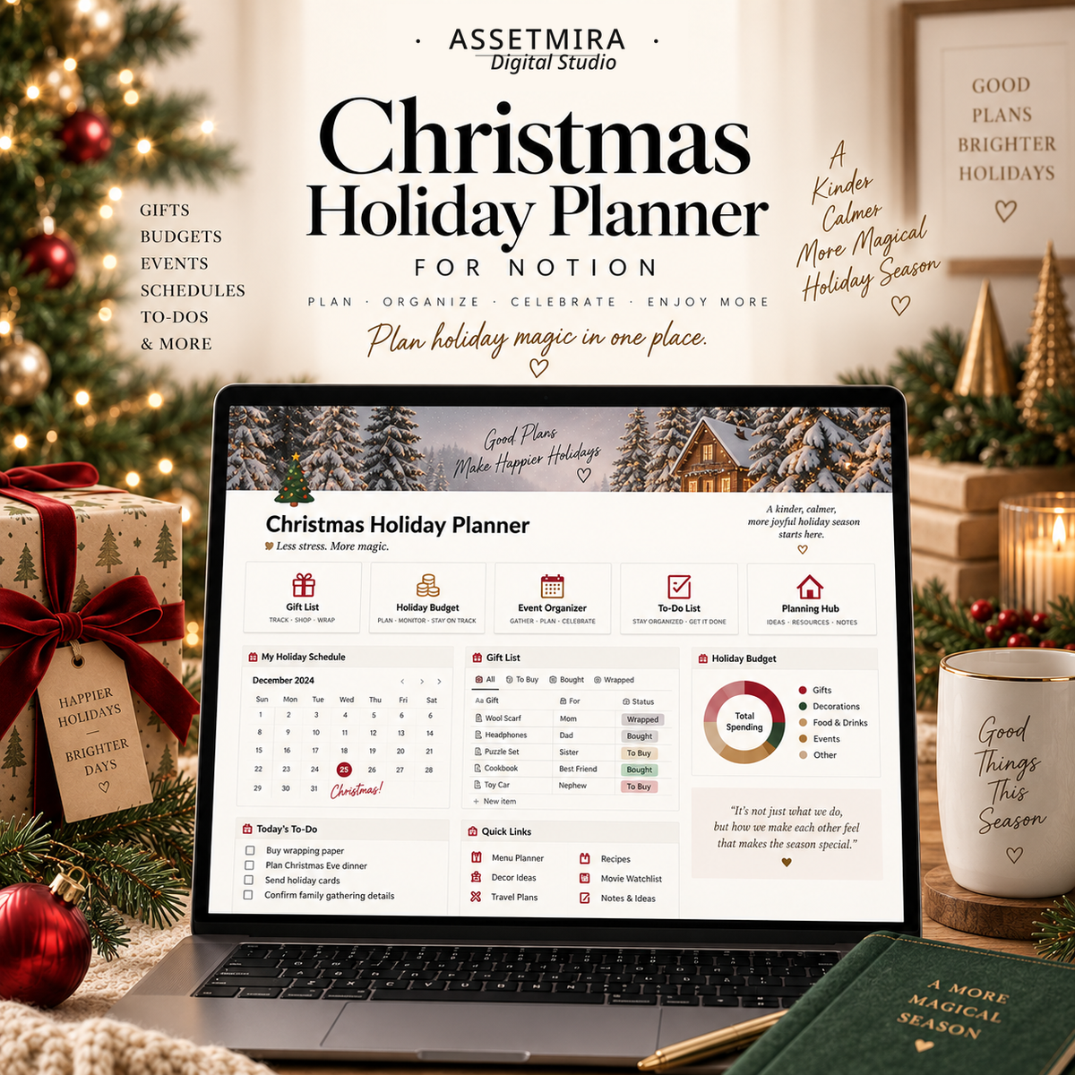 Christmas Notion planner shown on laptop and tablet with gift list, event timeline, budget and holiday schedule
