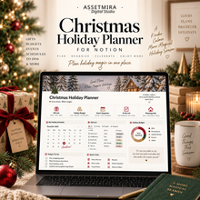 Christmas Notion planner shown on laptop and tablet with gift list, event timeline, budget and holiday schedule
