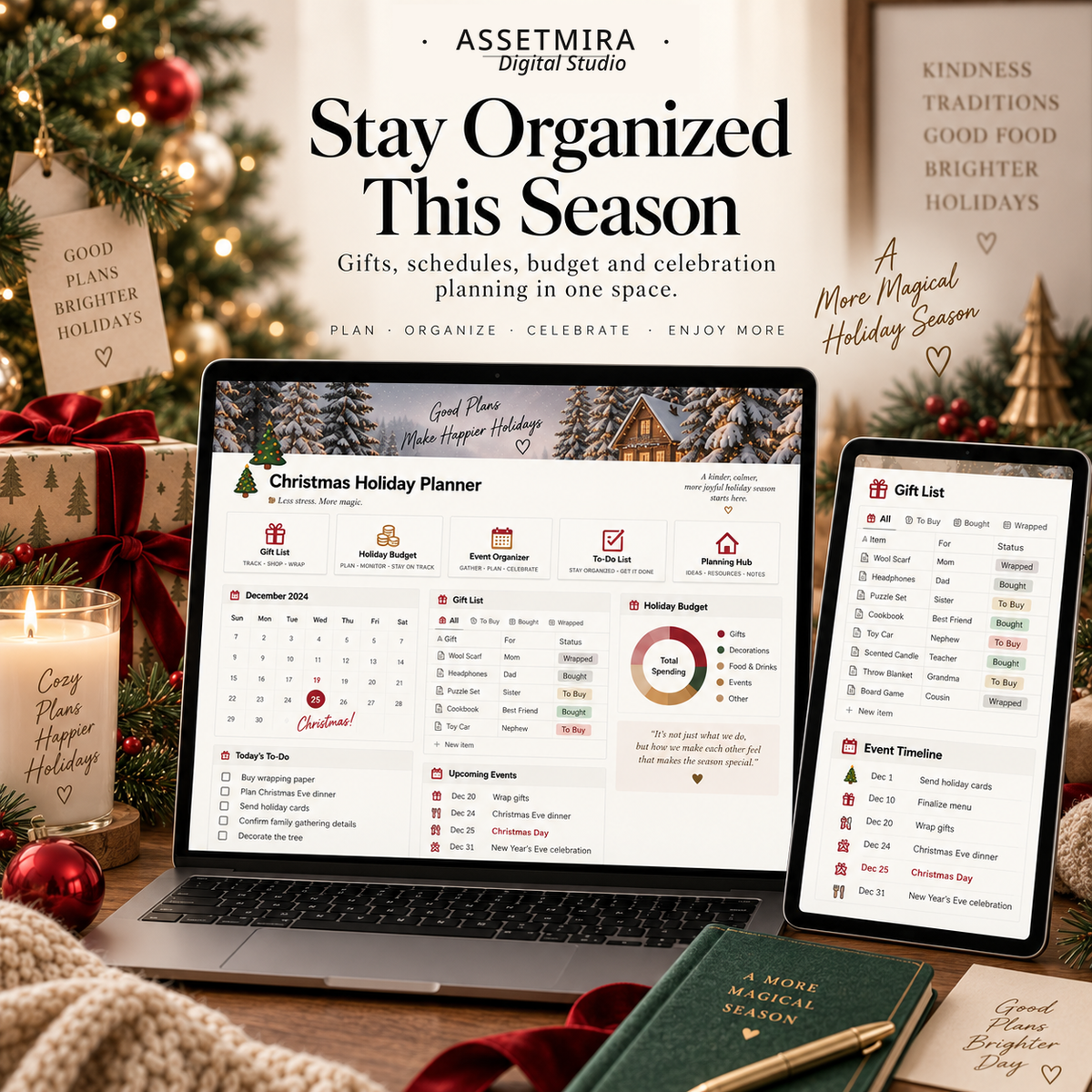 Holiday organizer Notion template for gift lists, budget tracking, event planning, family traditions and notes