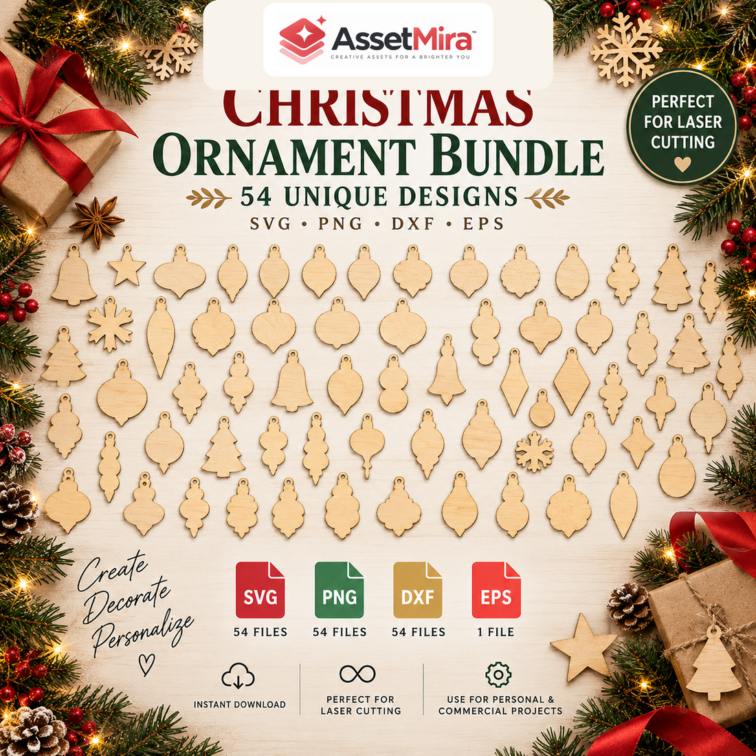 All 54 Christmas ornament shapes for laser cutting in SVG PNG DXF and EPS formats