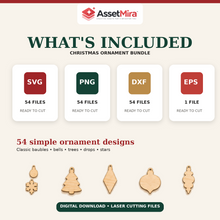 Christmas ornament digital download bundle including 54 SVG 54 PNG 54 DXF and one EPS file
