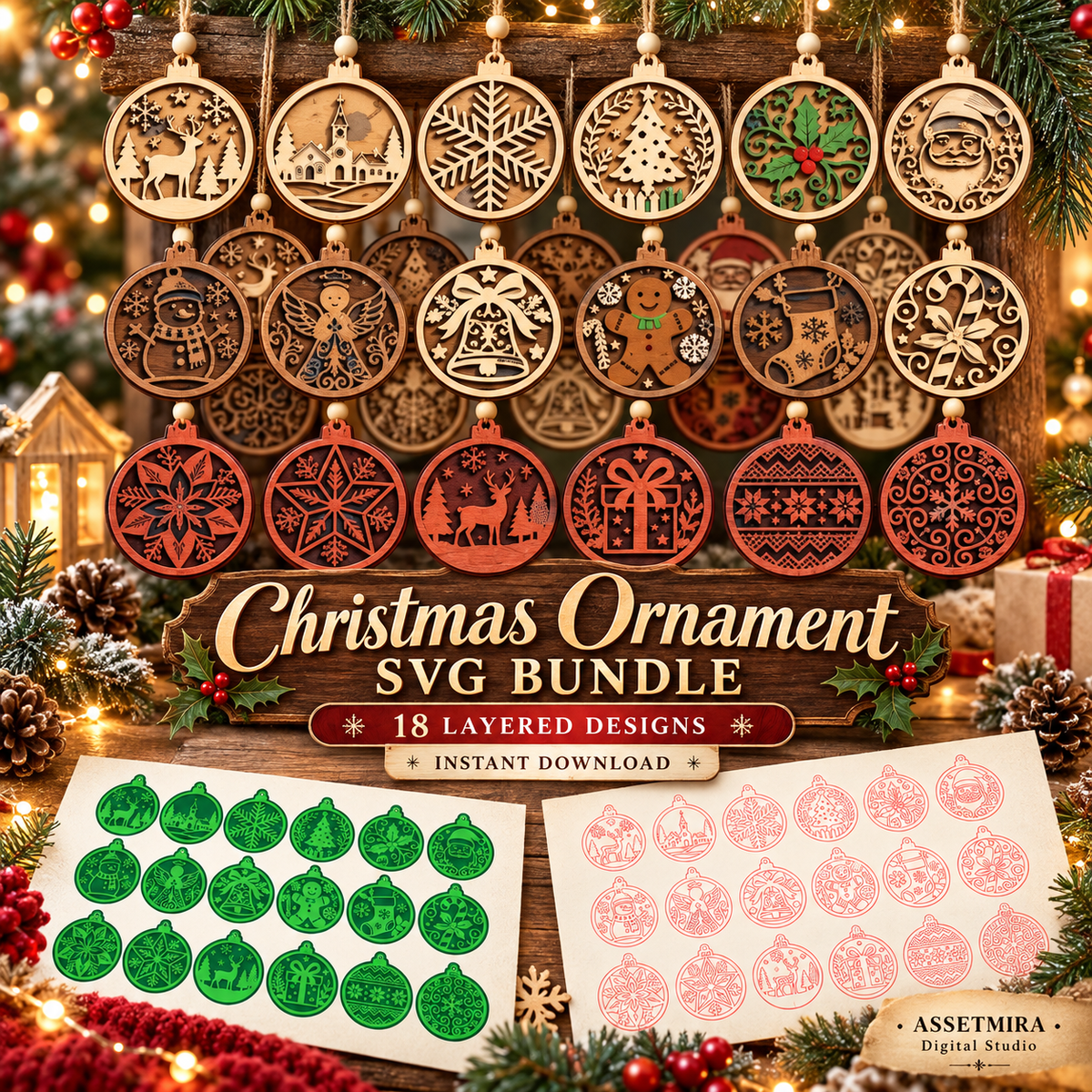 Christmas Ornament SVG Bundle with 18 layered holiday ornament designs