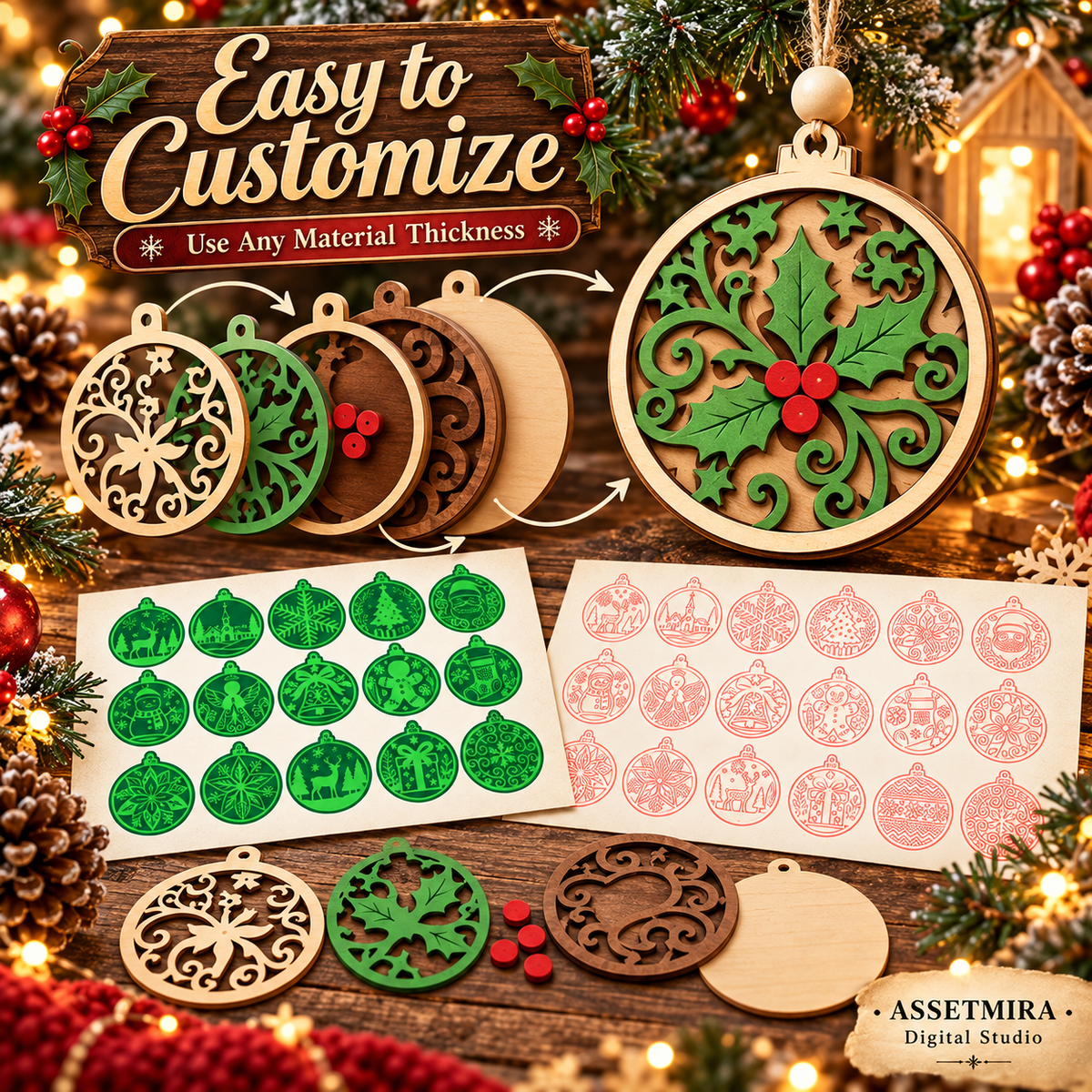 Layered Christmas ornament SVG design showing customizable laser cut layers