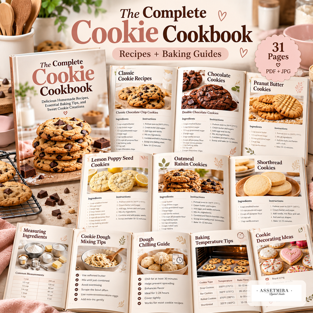 Cookie cookbook recipe pages with classic chocolate peanut butter lemon and oatmeal cookies