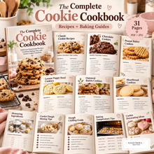 Cookie cookbook recipe pages with classic chocolate peanut butter lemon and oatmeal cookies