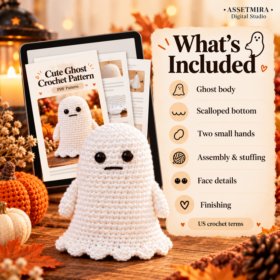 Cute Ghost crochet PDF pattern contents and US crochet terms