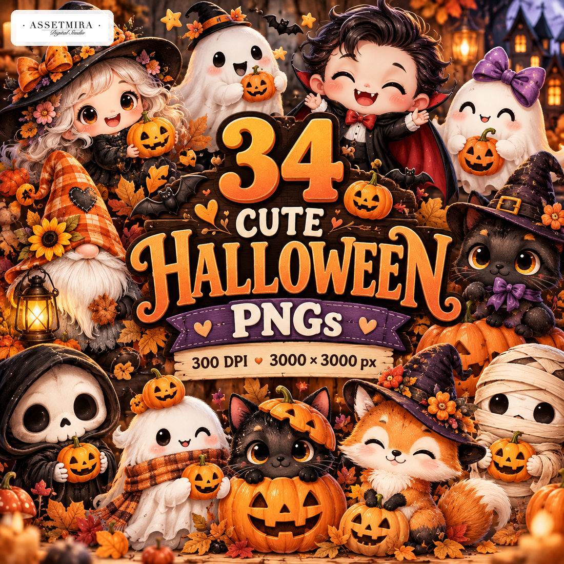 34 Cute Halloween Spooky Characters Clipart Bundle - 300 DPI PNG Digital Download