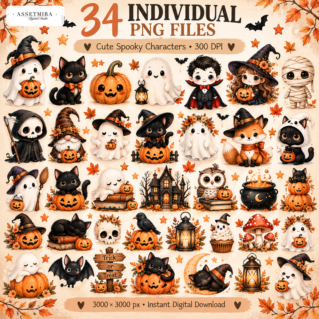 34 individual cute Halloween PNG files featuring spooky kawaii characters