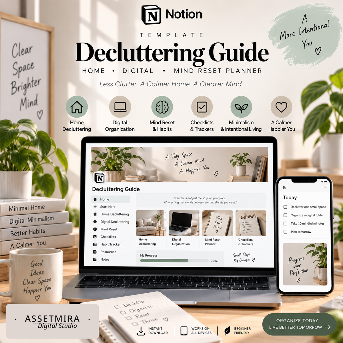 Home decluttering Notion planner with organized workspace and reset checklist