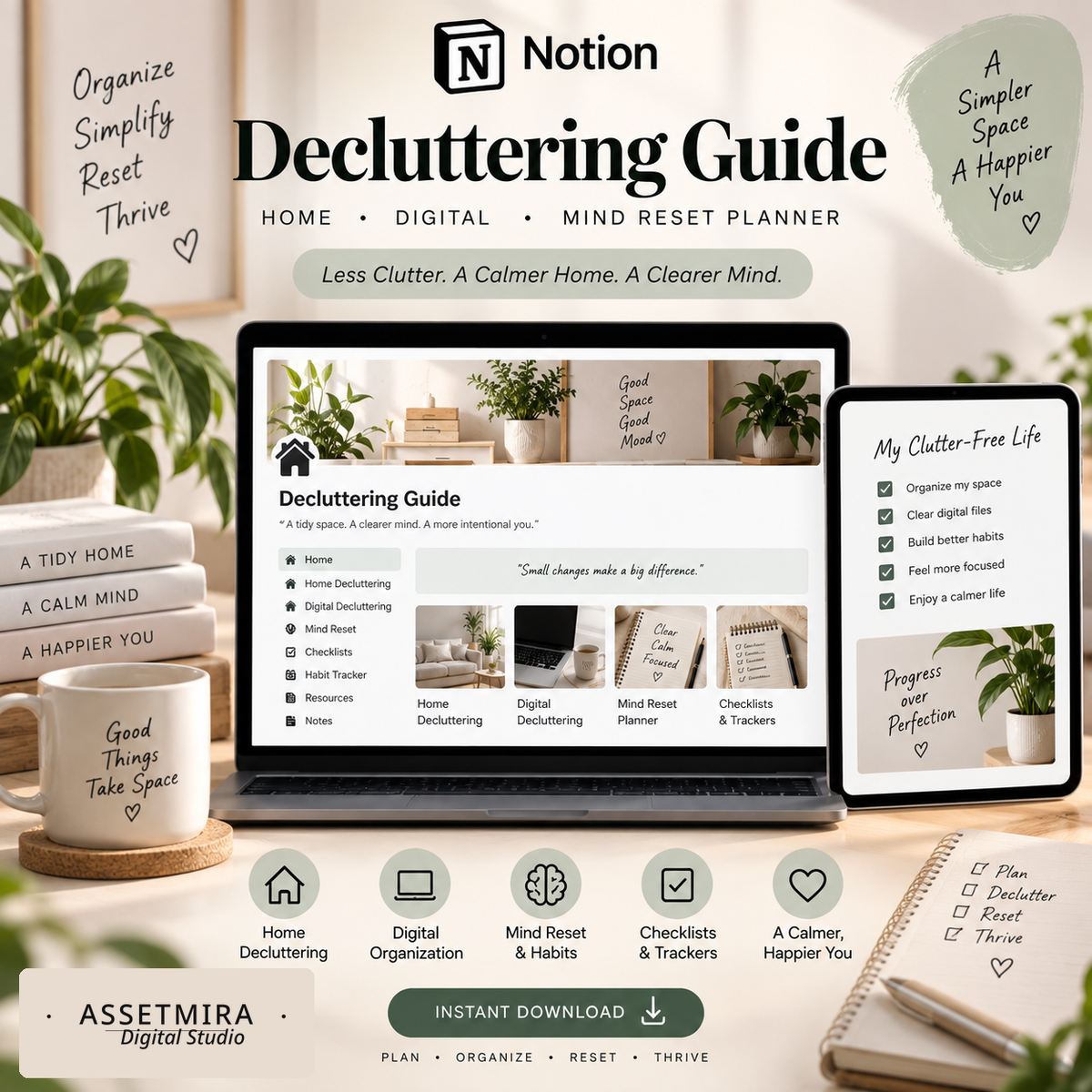 Notion decluttering dashboard for digital organization, checklists and progress tracking