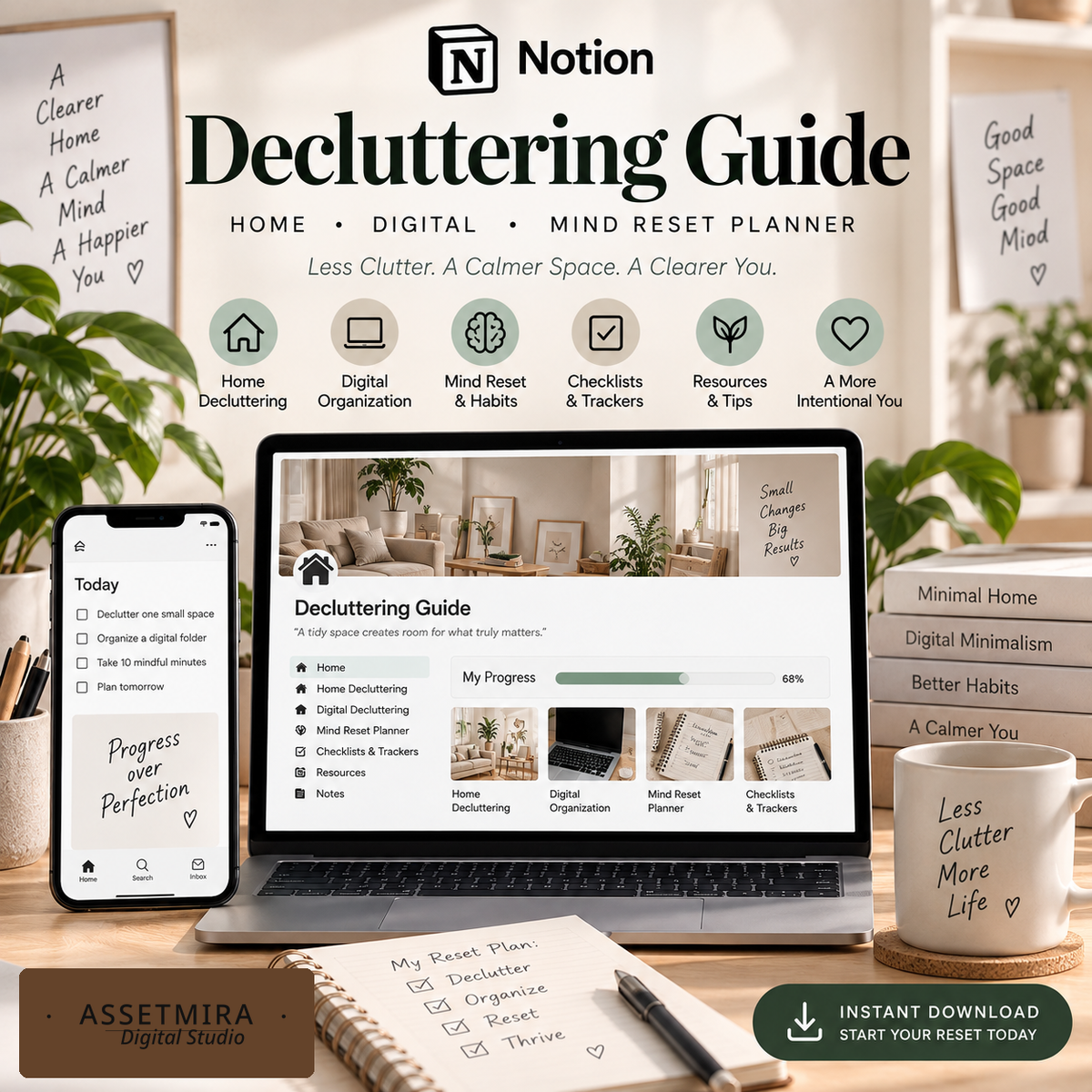 Decluttering reset planner with Notion progress tracking and organized home workspace