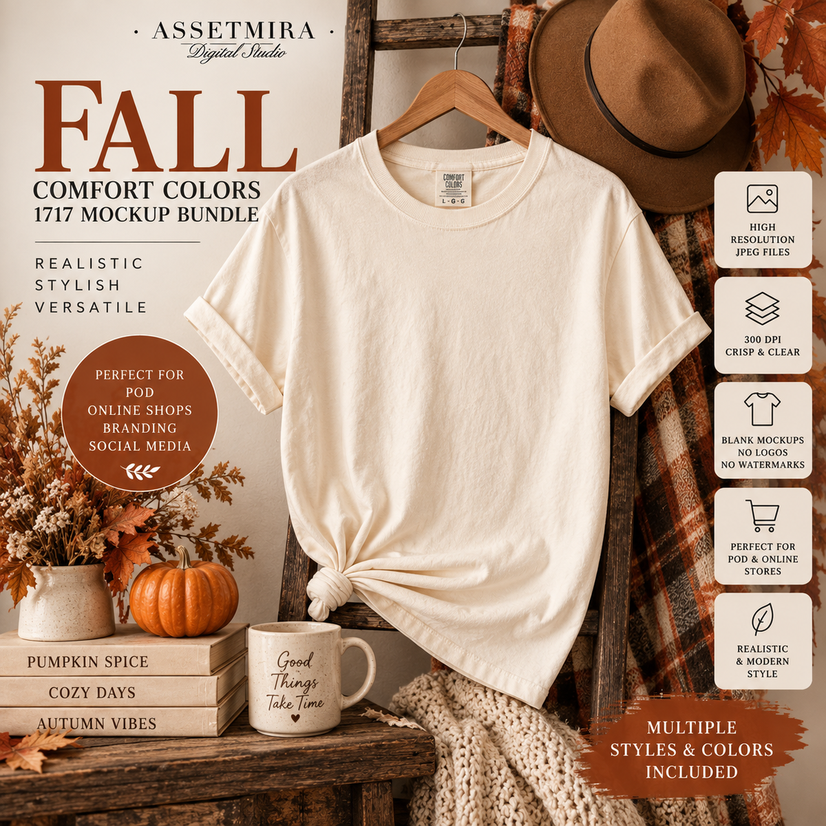 Fall Comfort Colors 1717 hanging shirt mockup by AssetMira Digital Studio