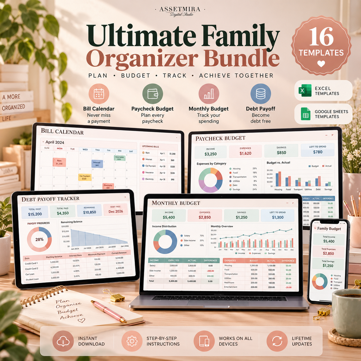 Family organizer spreadsheet bundle with bill calendar paycheck budget debt payoff and monthly budget