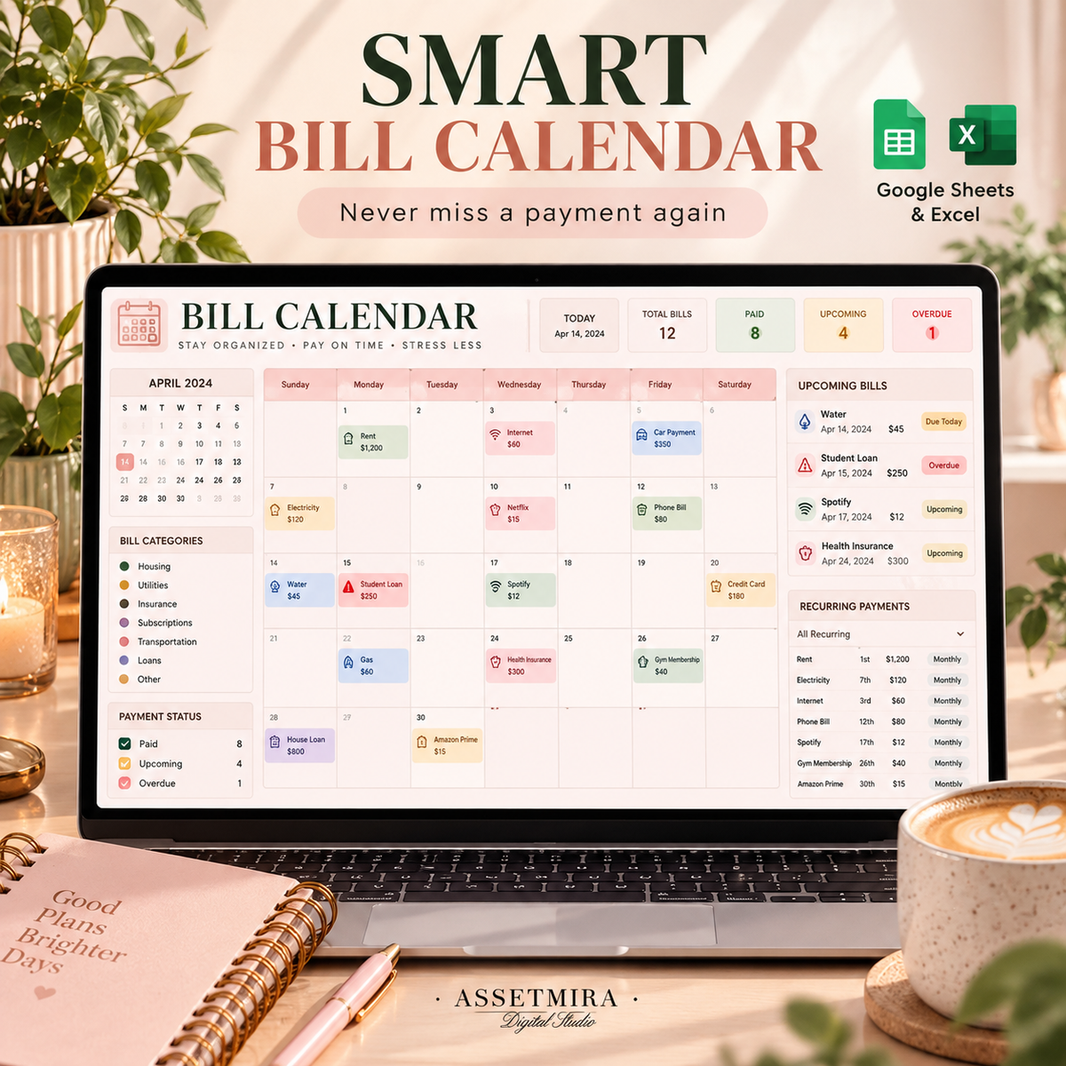 Smart Bill Calendar spreadsheet for Google Sheets and Excel