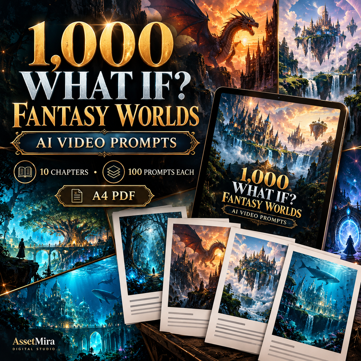 1000 What If Fantasy Worlds AI video prompts premium hero with 10 chapters 100 prompts each and A4 PDF