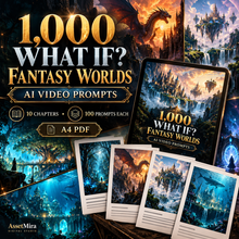 1000 What If Fantasy Worlds AI video prompts premium hero with 10 chapters 100 prompts each and A4 PDF