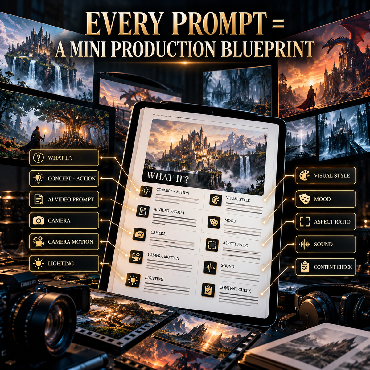 Every fantasy AI video prompt presented as a mini production blueprint with concept action camera motion lighting style mood aspect ratio sound and content check