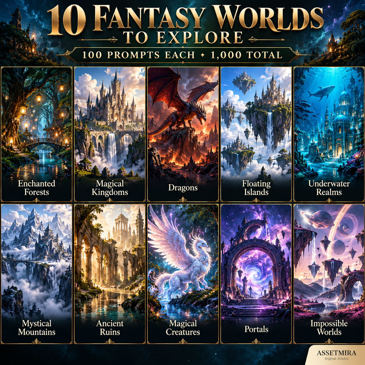 Ten fantasy worlds to explore with 100 prompts each including enchanted forests magical kingdoms dragons floating islands underwater realms mountains ruins creatures portals and impossible worlds