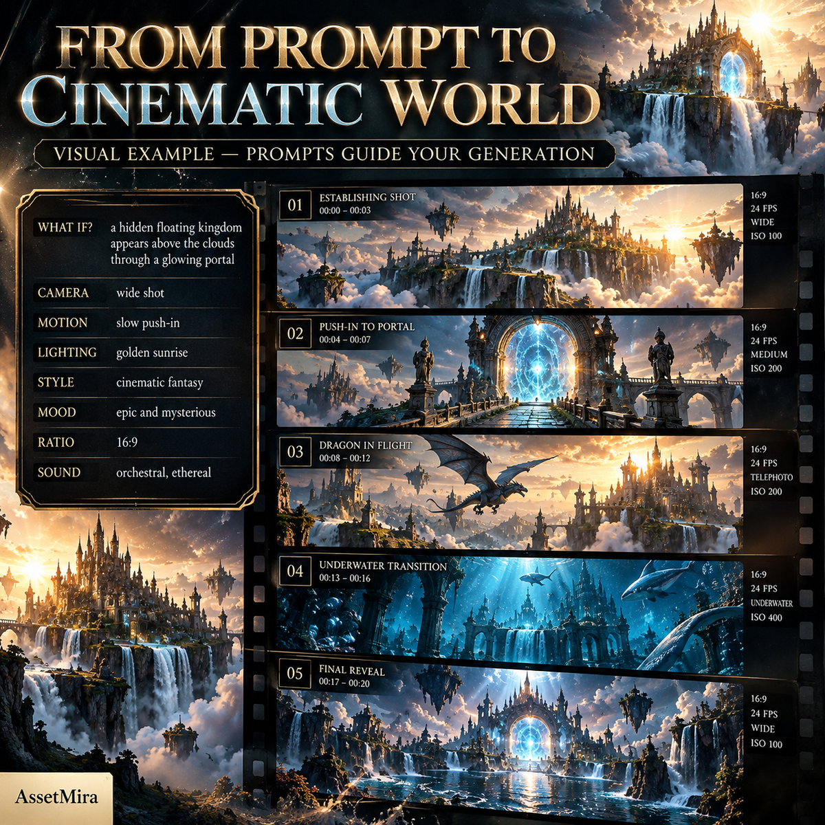 Visual example showing how a fantasy AI video prompt can guide a cinematic storyboard from establishing shot to final reveal