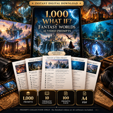 Instant digital download with 1000 fantasy AI video prompts in 10 thematic chapters 100 each and A4 PDF format