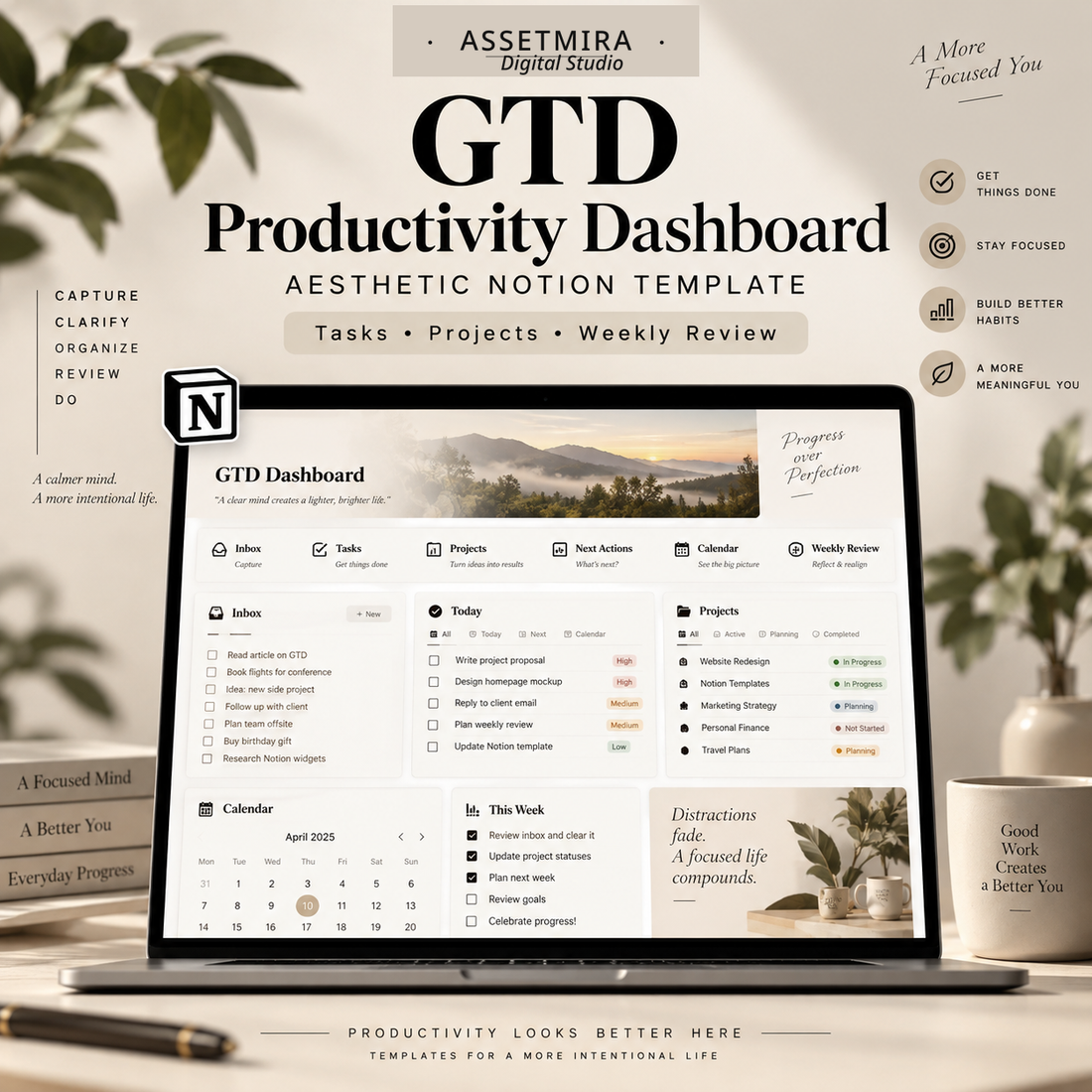 GTD Productivity Dashboard for Notion with tasks, projects, calendar and weekly review