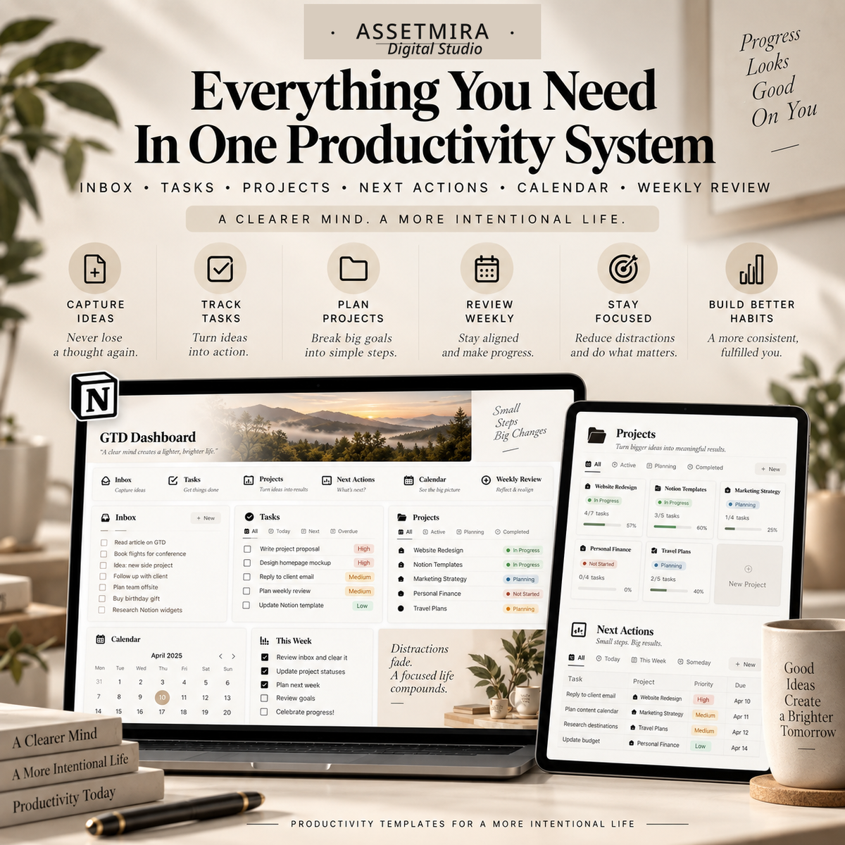 GTD Notion productivity system with inbox, tasks, projects, next actions, calendar and weekly review