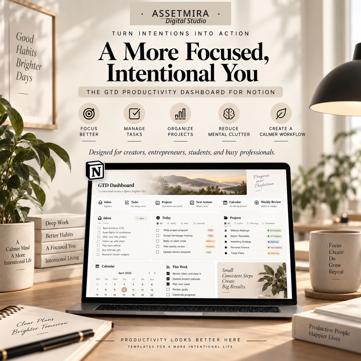 Aesthetic GTD productivity dashboard for Notion designed for focused intentional planning