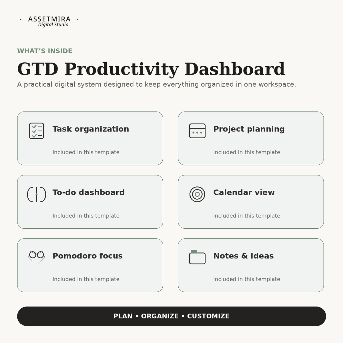 Features inside the GTD Productivity Dashboard for Notion