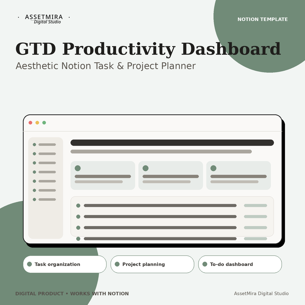 GTD productivity dashboard Notion template for tasks, projects and focus