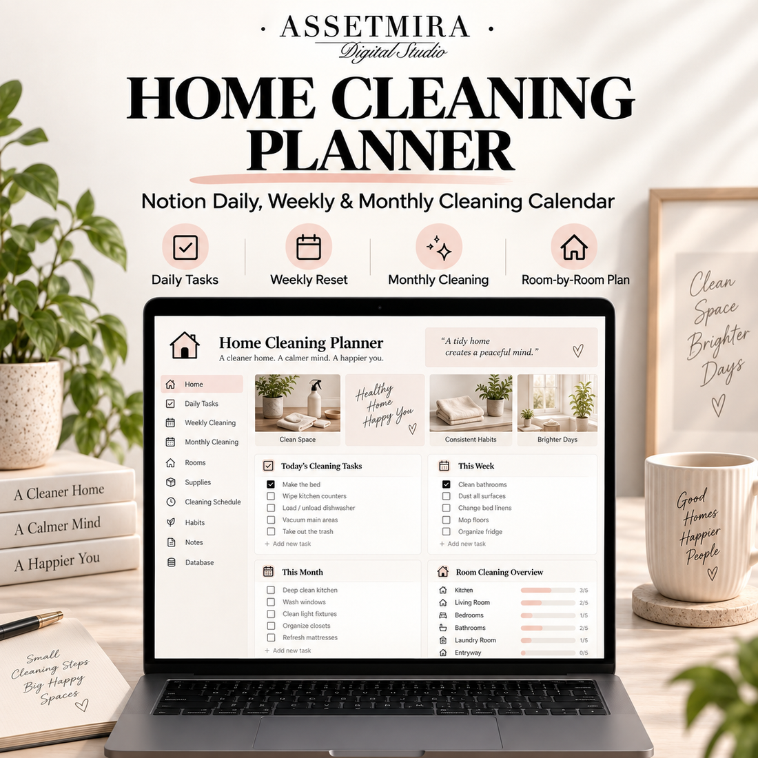 Notion Home Cleaning Planner with daily weekly monthly cleaning calendar and room-by-room overview