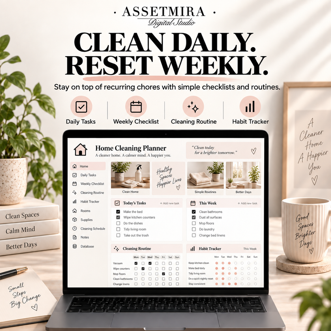 Notion cleaning planner with daily tasks weekly checklist cleaning routine and habit tracker