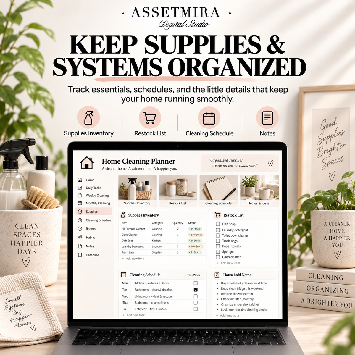 Notion home cleaning planner with supplies inventory restock list cleaning schedule and household notes