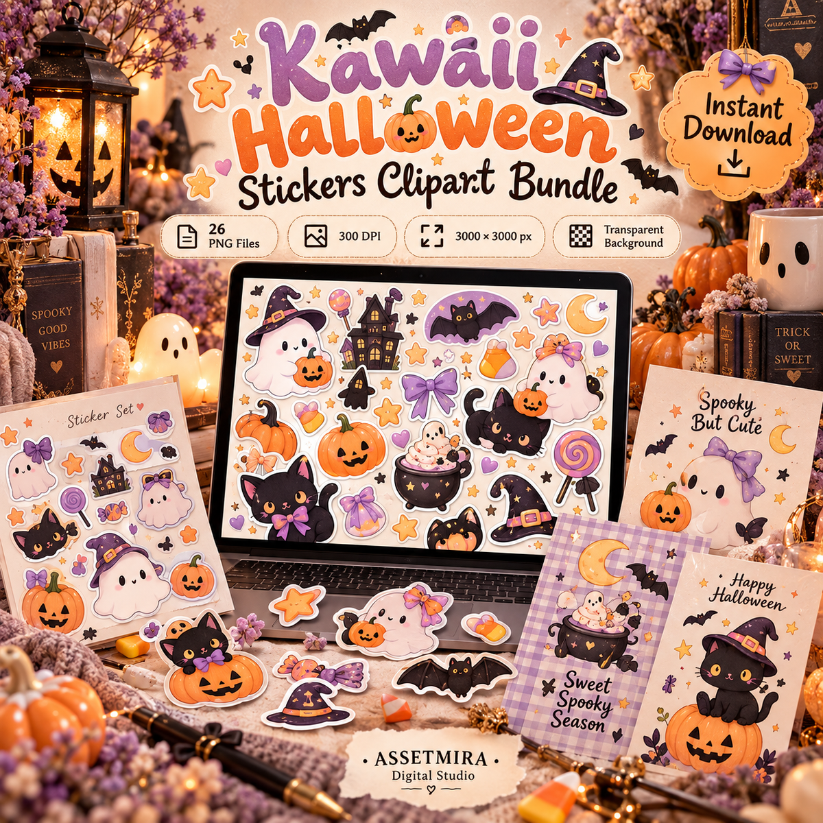 Kawaii Halloween stickers clipart bundle with cute ghost black cat pumpkin and witch designs