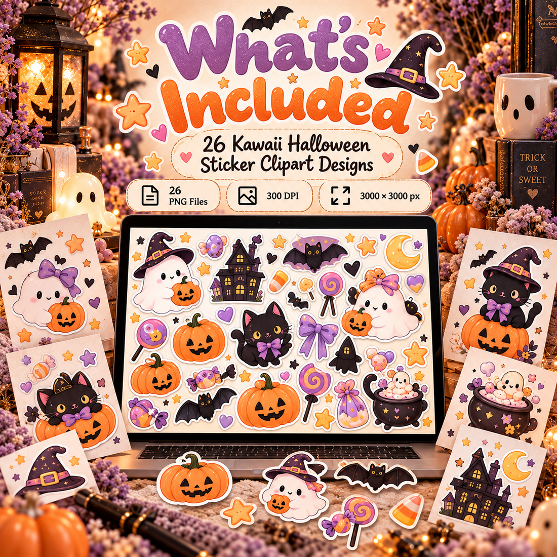26 kawaii Halloween PNG sticker designs at 300 DPI and 3000 by 3000 pixels