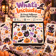 26 kawaii Halloween PNG sticker designs at 300 DPI and 3000 by 3000 pixels