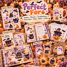 Kawaii Halloween clipart shown on planners cards mugs shirts scrapbooks and crafts