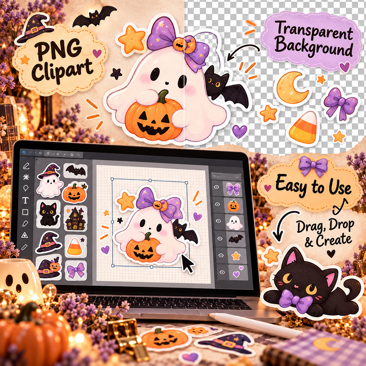 Transparent background kawaii Halloween PNG clipart for easy digital layering