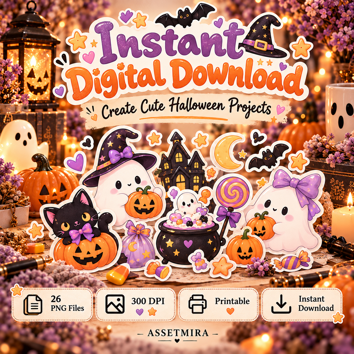 Instant digital download kawaii Halloween sticker clipart bundle with 26 PNG files