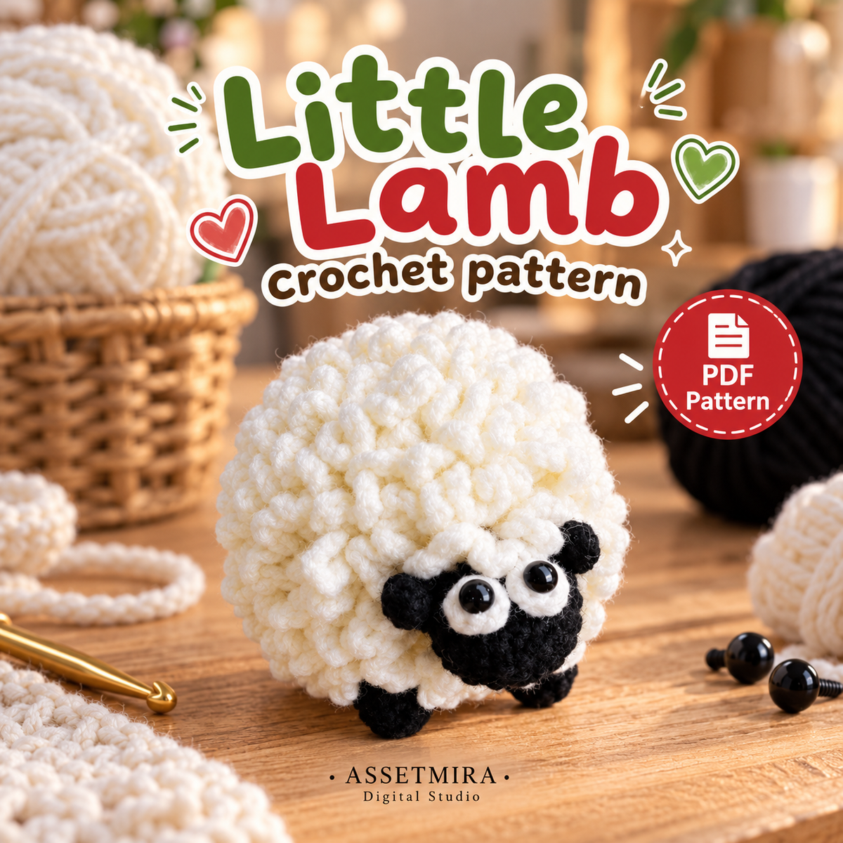 Little Lamb crochet pattern PDF hero showing the small round white loop-texture sheep with black face and feet