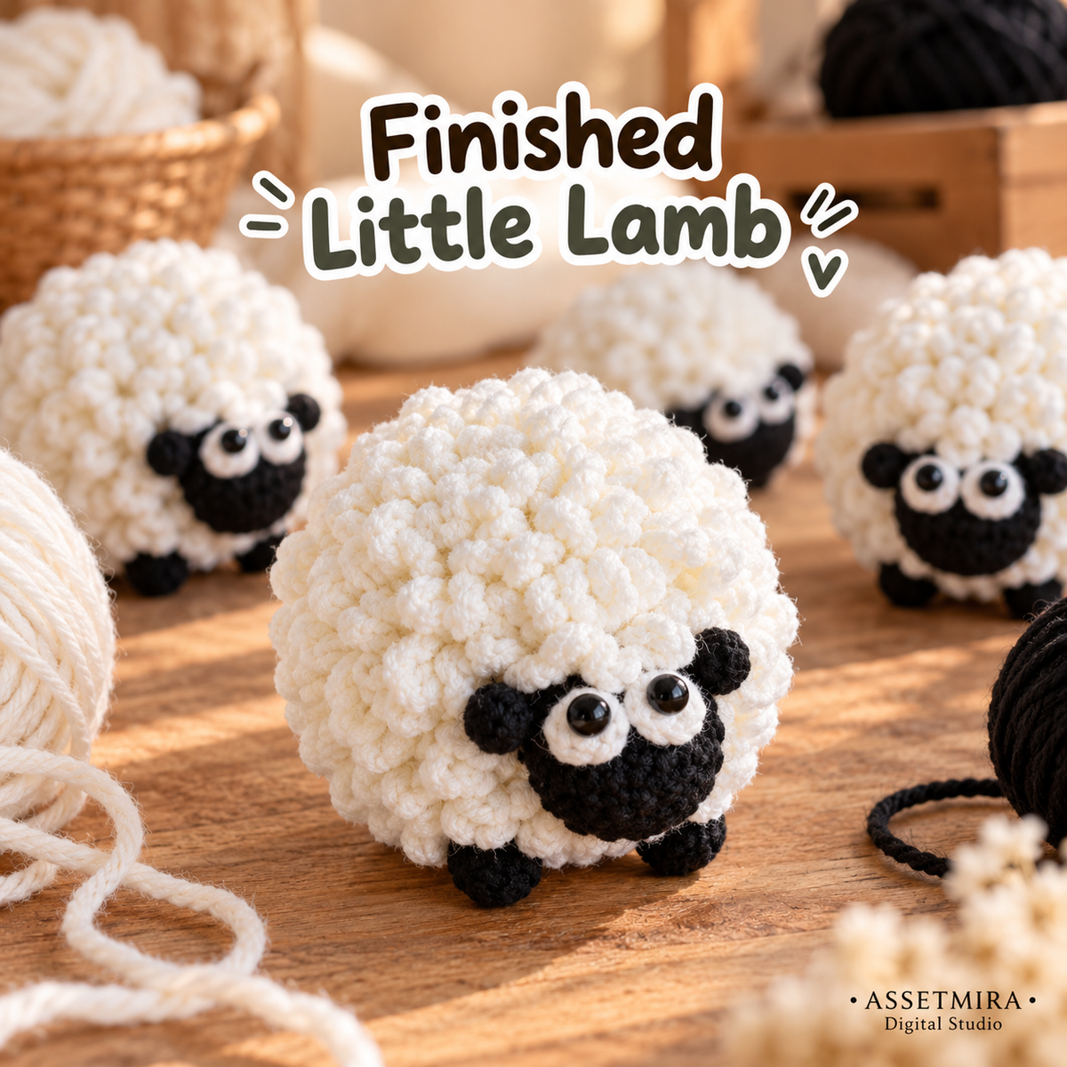 Finished Little Lamb crochet result with round white textured body, black face, large eyes and black feet