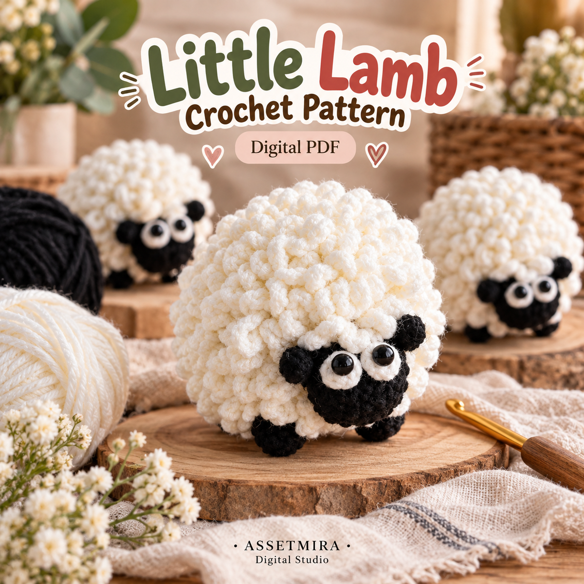 Little Lamb crochet pattern digital PDF product preview with matching finished sheep