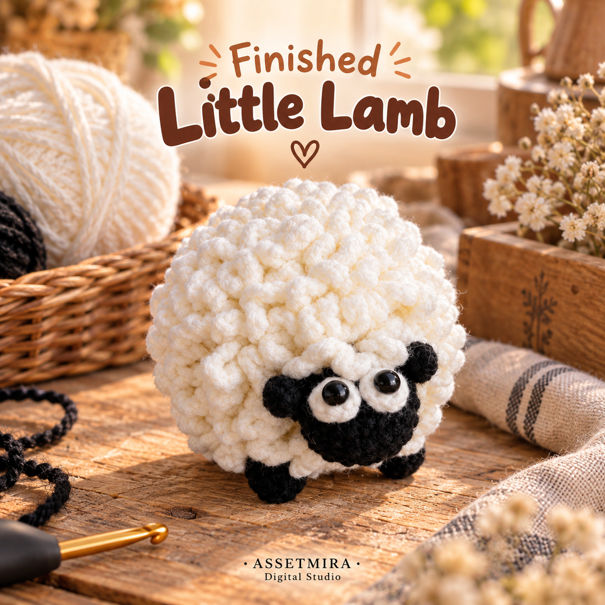 Finished Little Lamb crochet sheep in a cozy craft studio scene